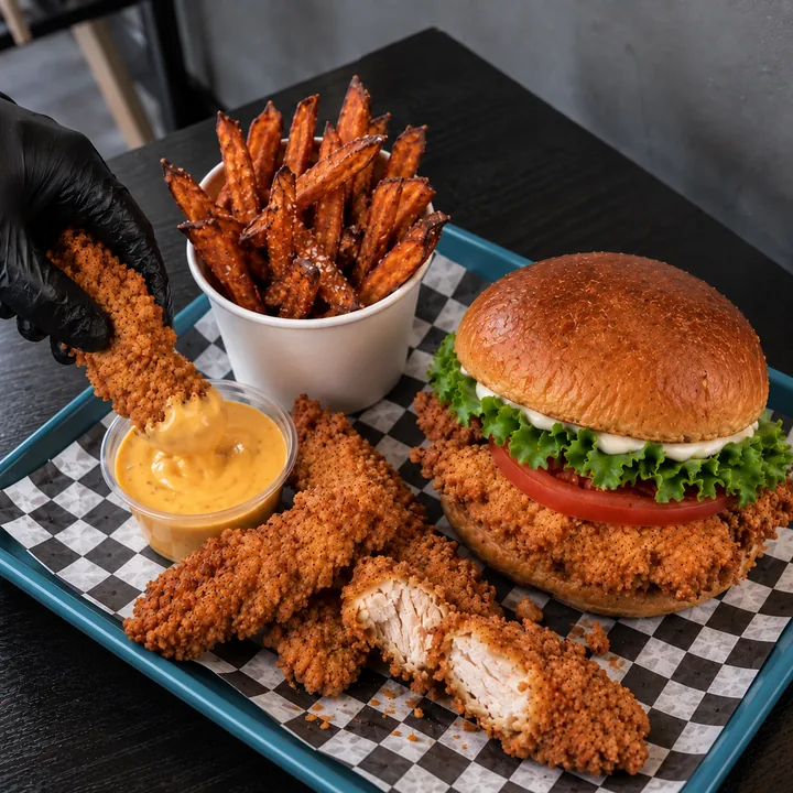 Chicken Burger mit Chicken Strips und Süßkartoffel-Pommes