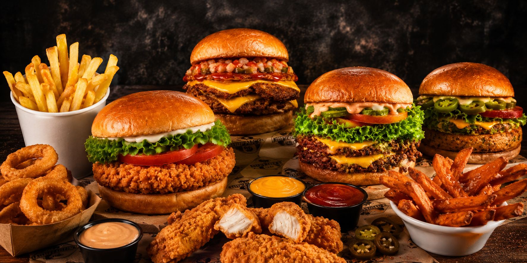 Buffalos Burger, Pommes, Süßkartoffelpommes, Chicken Tenders und Dips